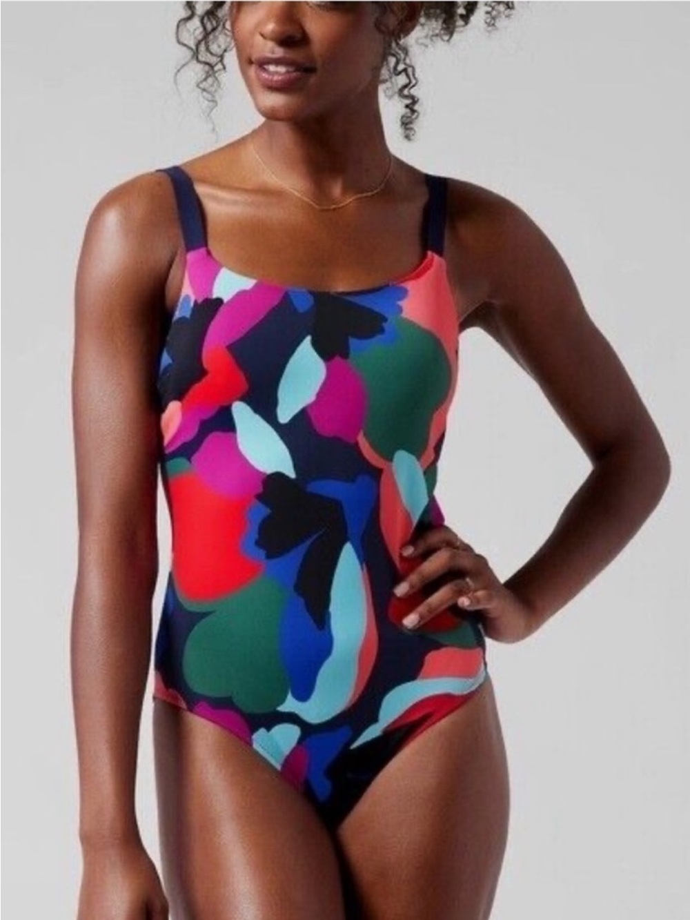 Athleta Multicolor Abstract Scoop-Back Swim Bodysuit in Navy, Red, Green & Pink